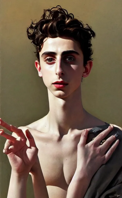 Image similar to Timothee Chalamet, the most beautiful androgynous man in the world, intense painting, sunny day at beach, tropical island, +++ super supper supper dynamic pose,  digital art, +++ quality j.c. leyendecker, limited edition, shiny, veiny hands, thick eyebrows, masculine appeal high fashion