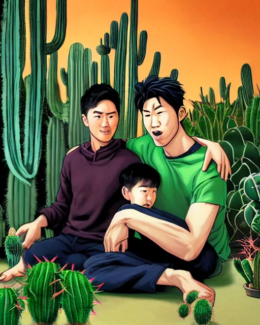 Prompt: An epic fantasy comic book style portrait painting of harry kane and son heung-min, very expressive, wearing a green shirt and comfy pants, sitting on the bed, in a bedroom, with cactus plants in the room, character design by Mark Ryden and Pixar and Hayao Miyazaki, unreal 5, DAZ, hyperrealistic, octane render, cosplay, RPG portrait, dynamic lighting, intricate detail, summer vibrancy, cinematic