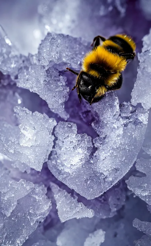 Image similar to a bee and a flower under a layer of ice and snow, beautiful macro photography, ambient light