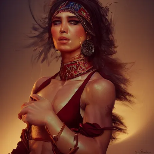 Image similar to proud muscular female turkish dancer girl on haerm, portrait by Cedric Peyravernay, highly detailed, excellent composition, cinematic concept art, dramatic lighting, trending on ArtStation