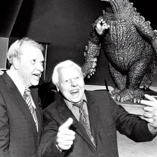 Prompt: Sir David Attenborough excited pointing at Godzilla