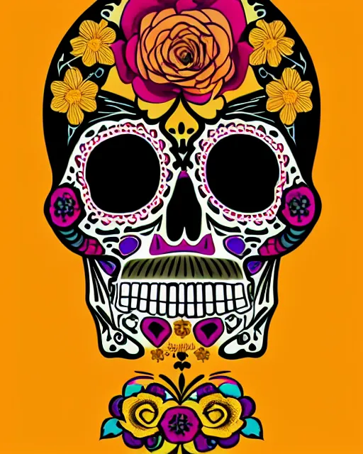 Prompt: dia de los muertos theme poster art in the styles of artemio rodriguez, lisa brawn, and gustave bauman, intricate, accurate facial details, profile picture, vector graphic, vibrant,