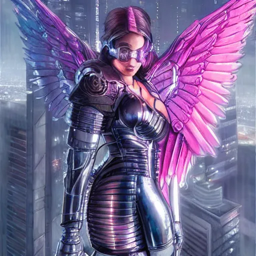 Prompt: cyberpunk valkyrie with pink metal wings, cityscape below, flying, high detail, sharp focus, silver cyber armor, rt by artgerm and greg rutkowski,