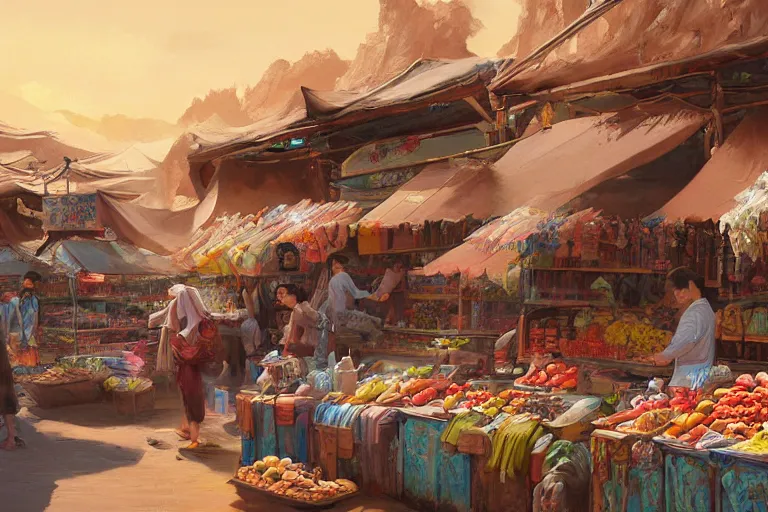 Prompt: a beautiful painting of a desert market, Feng Zhu, digital art, artstation