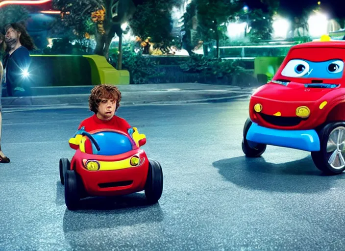 Prompt: peter dinklage driving a little tikes car at night, movie still, from the new fast and furious movie, 8 k, realistic