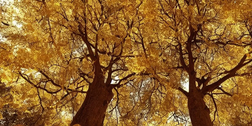 Prompt: a tall old tree with golden leaves, magnificent and sacred atmosphere, ilustration