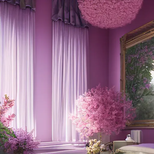 Image similar to a pink garden universe captured in a room with lights and clouds and mirrors photorealistic ultra detailed 8 k, digital painting, unreal engine, 3 d render