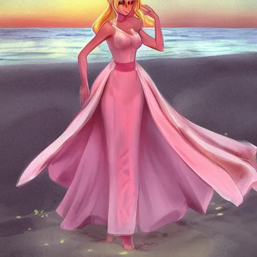 Image similar to beautiful princess peach in a skintight pink satin prom dress on the beach drawn by charlie bowater