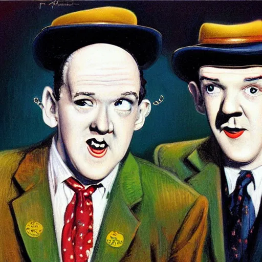 Image similar to A portrait of Stan Laurel and Laurel Hardy in hats by Frank Kelly Freas