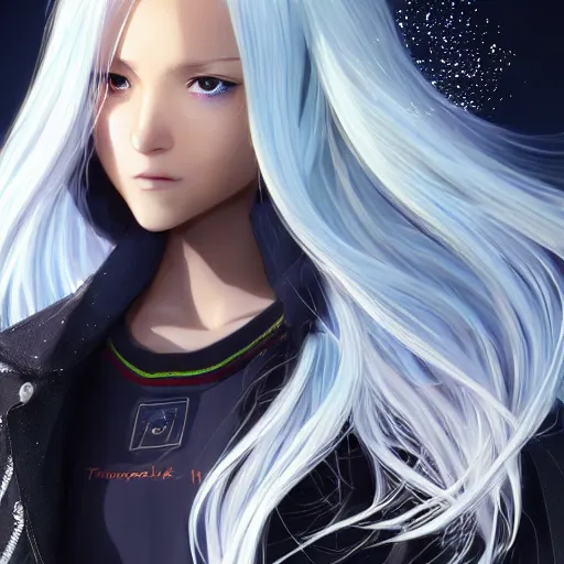 Image similar to profile shot of rimuru tempest, sky blue, straight hair, long bangs, amber eyes, wearing a black jacket with white stripes, high collar, highly detailed, unreal engine 5, digital painting, cinematic, wlop | artgerm, pixiv, yoshitaka amano, greg rutkowski, ilya kuvshinov, andy warhol