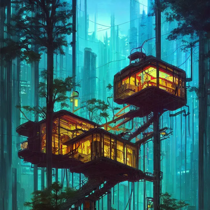 Prompt: a beautiful cyberpunk acrylic painting of a tree house in wild pine forest, by James Jean, trending on ArtStation, Beeple