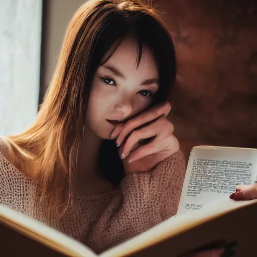 Image similar to a girl reading a book, modelsociety, radiant skin, huge anime eyes, RTX on, perfect face, intricate, Sony a7R IV, symmetric balance, polarizing filter, Photolab, Lightroom, 4K, Dolby Vision, Photography Award