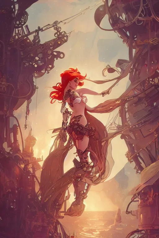 Image similar to ariel little mermaid as a steampunk half - cyborg cowgirl, pelt coats, high fantasy, dnd, smooth, sharp focus, illustration, highly detailed, digital painting, artstation, concept art, by rossdraws, alphonse mucha, frank fanzzeta, collectible card art