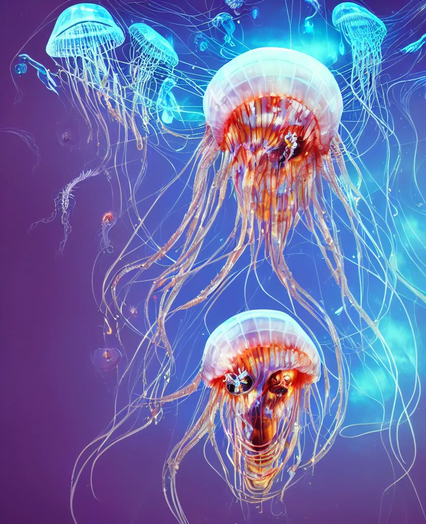 Image similar to close-up portrait of the face of a beautiful princess in a twisted flowers jellyfish mask in a spaceman suit surrounded by energy flow, epic angle and pose, symmetrical artwork, 3d with depth of field, blurred background, floating jellyfish skull phoenix bird, translucent, nautilus, energy flows of water and fire. a highly detailed epic cinematic concept art CG render. made in Maya, Blender and Photoshop, octane render, excellent composition, cinematic dystopian brutalist atmosphere, dynamic dramatic cinematic lighting, aesthetic, very inspirational, arthouse. y Greg Rutkowski, Ilya Kuvshinov, WLOP, Stanley Artgerm Lau, Ruan Jia and Fenghua Zhong