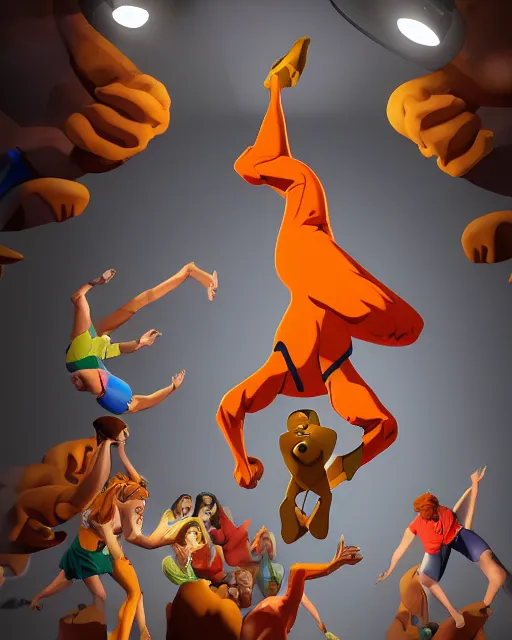 Prompt: Scooby Doo doing a backflip, studio lighting, white background, blender, trending on artstation, 8k, highly detailed