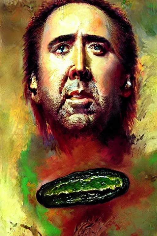 Prompt: nicolas cage ’ s face on a green pickle portrait dnd, painting by gaston bussiere, craig mullins, greg rutkowski, yoji shinkawa