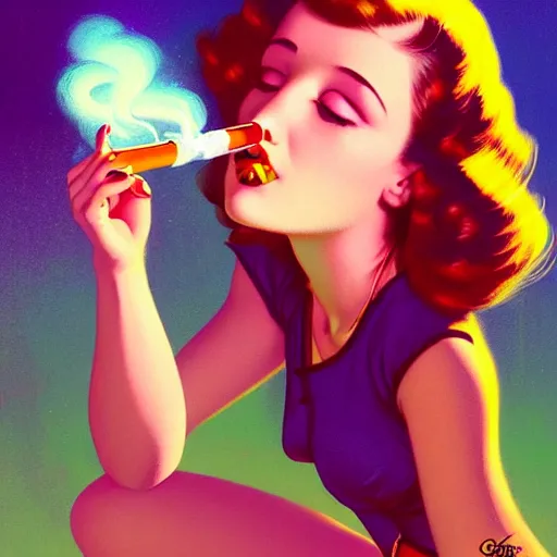 Image similar to a cute female character smoking a joint, psychedelic art,, by greg rutkowski, gil elvgren, earl moran, enoch bolles, glossy skin, pearlescent, anime, maxim magazine, morandi color scheme, art station, by ilya kuvshinov h 6 4 0