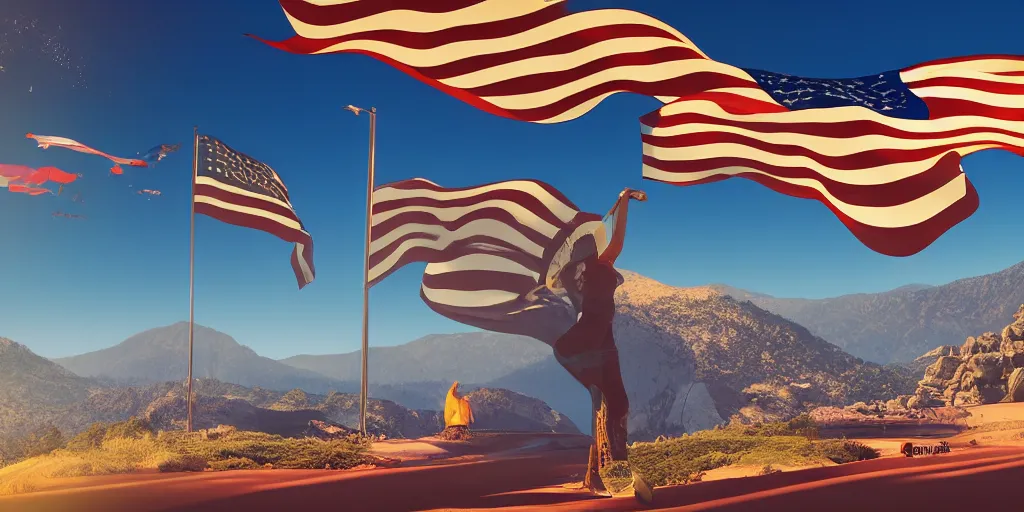 Prompt: let freedom ring from the curvaceous slopes of california american flag. ultrafine highly detailed hyper realistic colorful illustration, unreal engine highly rendered, global illumination, radiant light, intricate and detailed environment