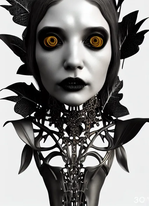 Image similar to monochrome 3 d model, steampunk biomechanical beautiful young female cyborg with porcelain profile face and a big floral eye, volumetric light, leaves foliage and stems, hibiscus flowers, boho floral vines, sinuous fine roots, fine foliage lace, alexander mcqueen, rim light, big gothic fashion pearl embroidered collar, octane render, 8 k