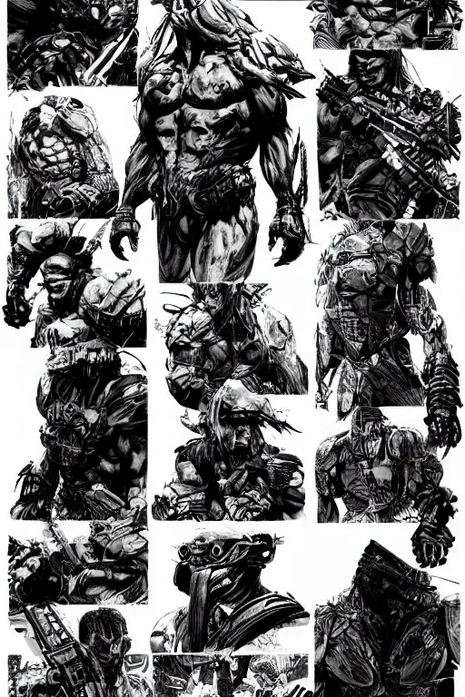 Prompt: predator concept art by yoji shinkawa, character concept sheet, white background, ink, trending on artstation, sharp focus, illustration, concept art, 8 k