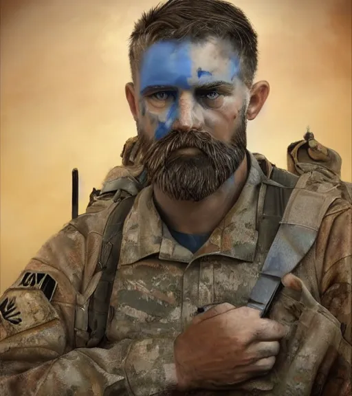 Prompt: portrait of muscular, tired and alcoholic 3 0 - year - ol 5 grieving man with short darkblonde hair, serious sad look in his eyes, looking down, dirty beard, blue eyes, crying tears, wearing dirty soldier uniform, on the desert, sad atmosphere, hyper realistic face, character art, art by mark brooks, cryengine, trending on artstation, digital art