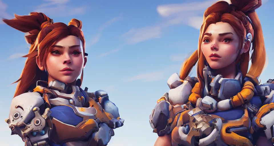 Image similar to one character, overwatch, brigitte, horizon zero dawn, aloy, digital art, high detailed, artstation, octane render