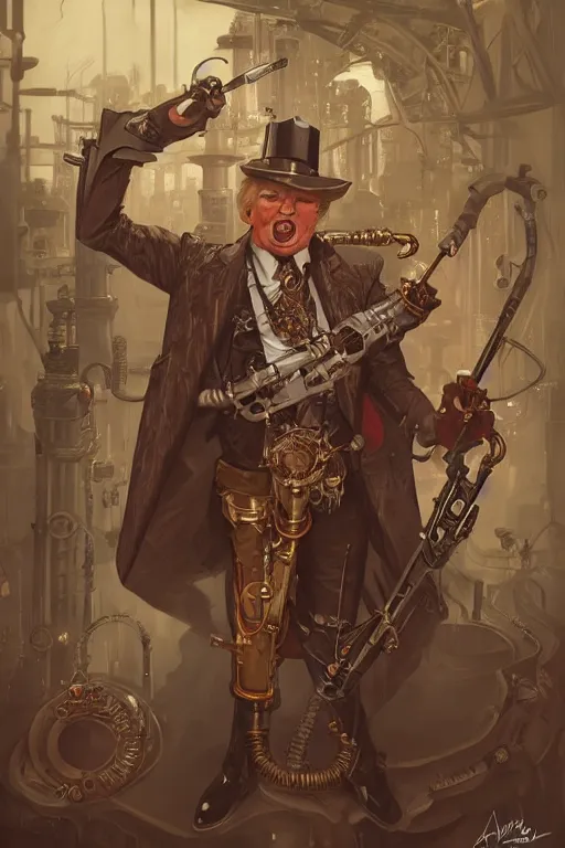 Image similar to anthropomorphic trump as steampunk half - cyborg, western, high fantasy, dnd, smooth, sharp focus, illustration, highly detailed, digital painting, artstation, concept art, by disney animation, rossdraws, alphonse mucha, frank fanzzeta, collectible card art