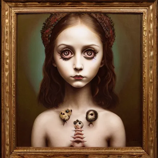 Image similar to hyper detailed painting of a girl with big eyes in the style of artist mark ryden, symmetrical composition, in a landscape