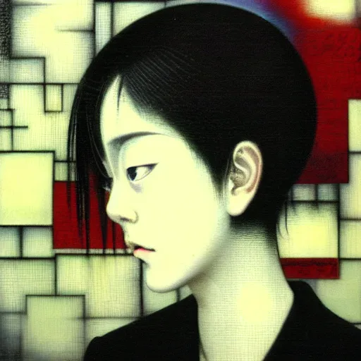 Image similar to yoshitaka amano blurred and dreamy realistic three quarter angle portrait of a young woman with short hair and black eyes wearing office suit with tie, junji ito abstract patterns in the background, satoshi kon anime, noisy film grain effect, highly detailed, renaissance oil painting, weird portrait angle, blurred lost edges