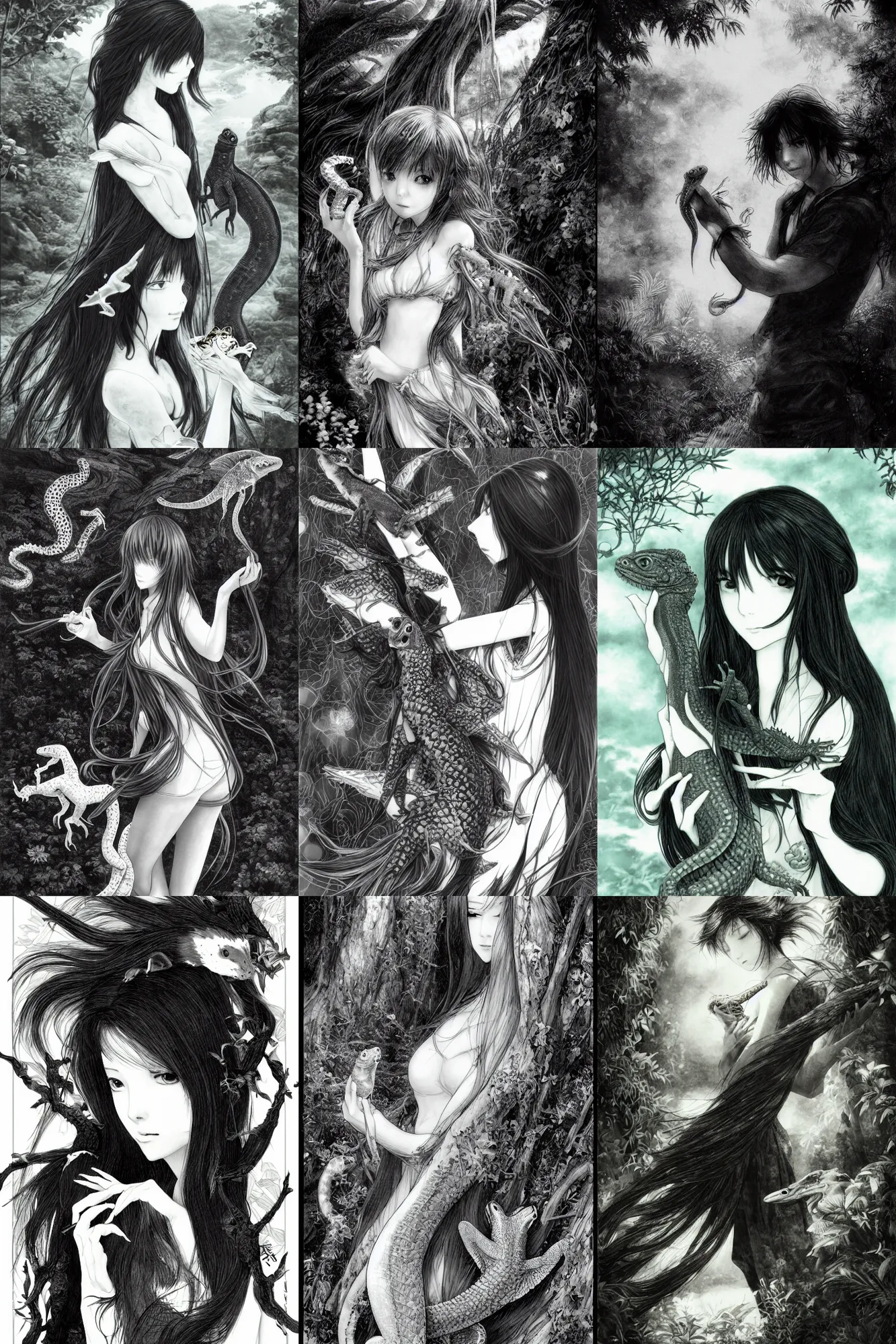 Prompt: a vertical portrait of a character holding a lizard in a scenic environment by Yoshitaka Amano, black and white, dreamy, wavy long black hair, highly detailed