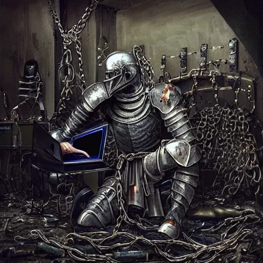 Image similar to “a photo of a kneeling evil disgusting mummy knight mutant in full armor wrapped in cables and chains in front of a laptop computer. The knight is in the center of a dark filthy dirty room filled with server racks and server cables hanging everywhere. The ground of the room is littered and covered with garbage and trash everywhere. It is dark and there are no lights. Cursed image. David Cronenberg style. David lunch style. Troma style. 35mm film.”