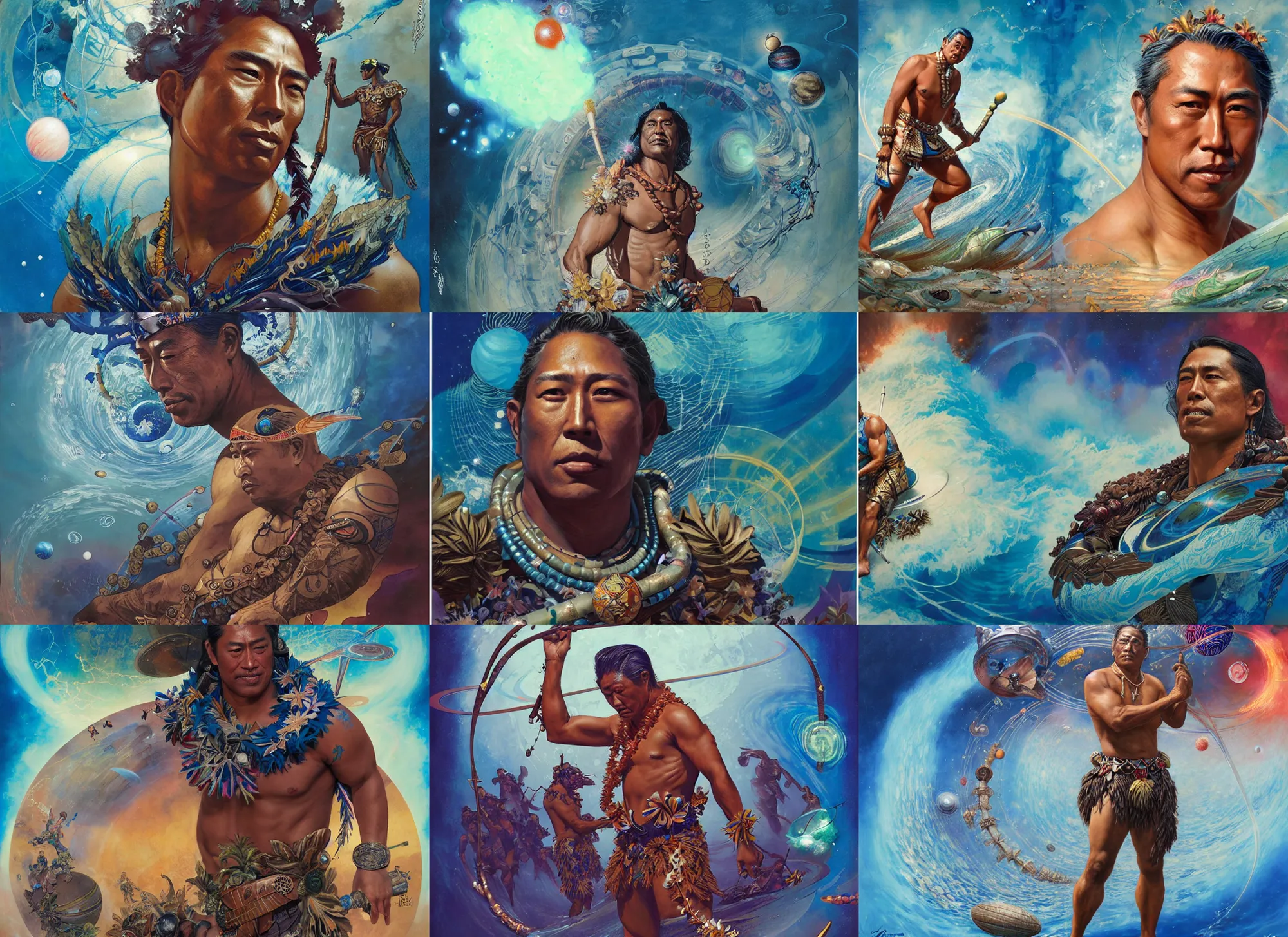 Prompt: duke kahanamoku as a hawaiian warrior surrounded by intergalactic planets connected by streams of magical flow, sigma male, gigachad, visually stunning, luxurious, by james jean, jakub rebelka, tran nguyen, peter mohrbacher, yoann lossel, wadim kashin