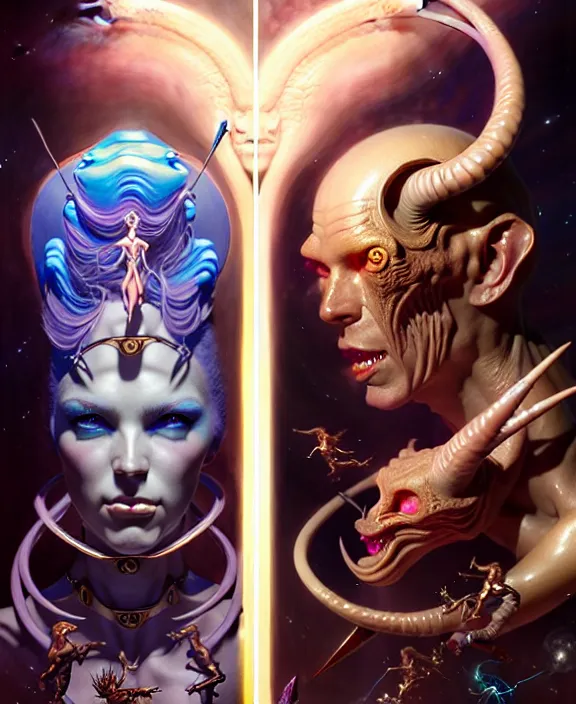 Image similar to beautiful gemini good and evil fantasy character portrait, ultra realistic, wide angle, intricate details, the fifth element artifacts, highly detailed by peter mohrbacher, hajime sorayama, wayne barlowe, boris vallejo, aaron horkey, gaston bussiere, craig mullins
