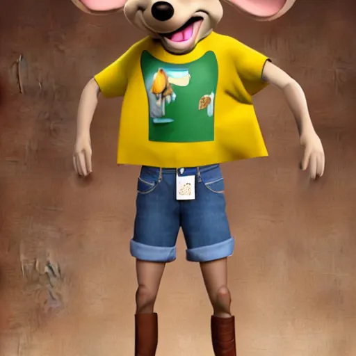 Prompt: 3 d render, portrait, upper body shot, mid shot, anthropomorphic mouse, female, wearing denim short shorts and a off yellow tank top shirt, in the style of disney's robin hood