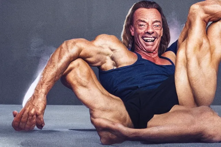 Prompt: hyperrealistic Jean Claude Vandamme doing the splits, laughing, doing yoga on a toilet, golden hour, smiling, award winning