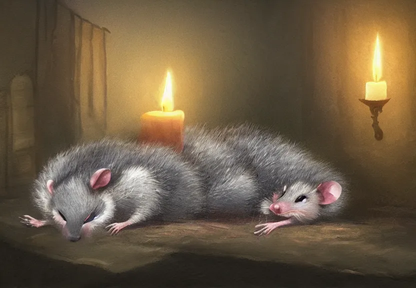 Image similar to cute possum sleeping on a bed in a medieval cluttered cottage at night under the dim light of a candle, dark fantasy, dreaming illusion, trending on artstation