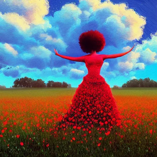 Image similar to giant red flower afro, full body, girl standing in the middle of a field with flowers, surreal photography, hills, sunrise dramatic light, impressionist painting, colorful clouds, digital painting, pointillism, artstation, simon stalenhag