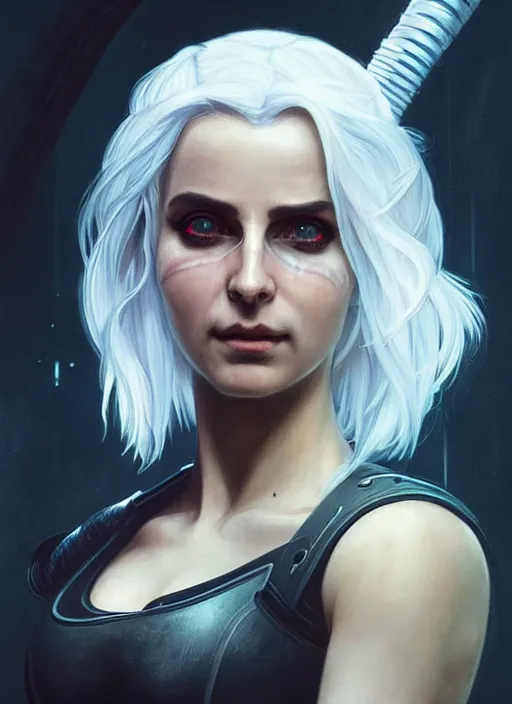 Prompt: portrait of Ciri wearing a sci-fi outfit from the Witcher as a character in Cyberpunk 2077, looking at camera, intricate, elegant, sci-fi, extremely detailed, digital painting, artstation, concept art, smooth, sharp focus, illustration, ambient lighting, incredible art by artgerm and greg rutkowski and alphonse mucha and simon stalenhag