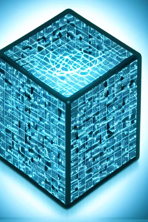 Prompt: Neural network of an artificial intelligence, is located in a cube