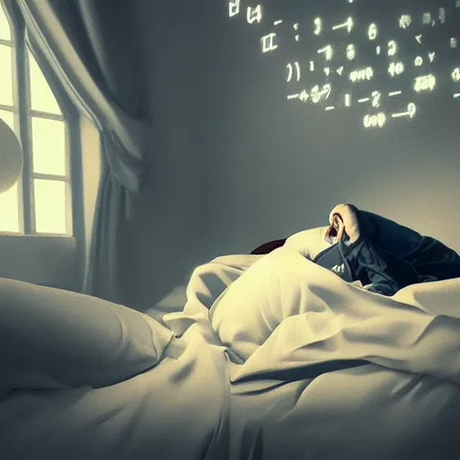 Image similar to A mathematician sleeping in his bed finds the source of his ideas in a dream, numbers float around with lots of symbols, digital art, cinematic lighting rendered by octane, 8k, detailed, intricate, clean and textures, trending on artstation, treanding on deviantart, trending on cgsociety, pinterest