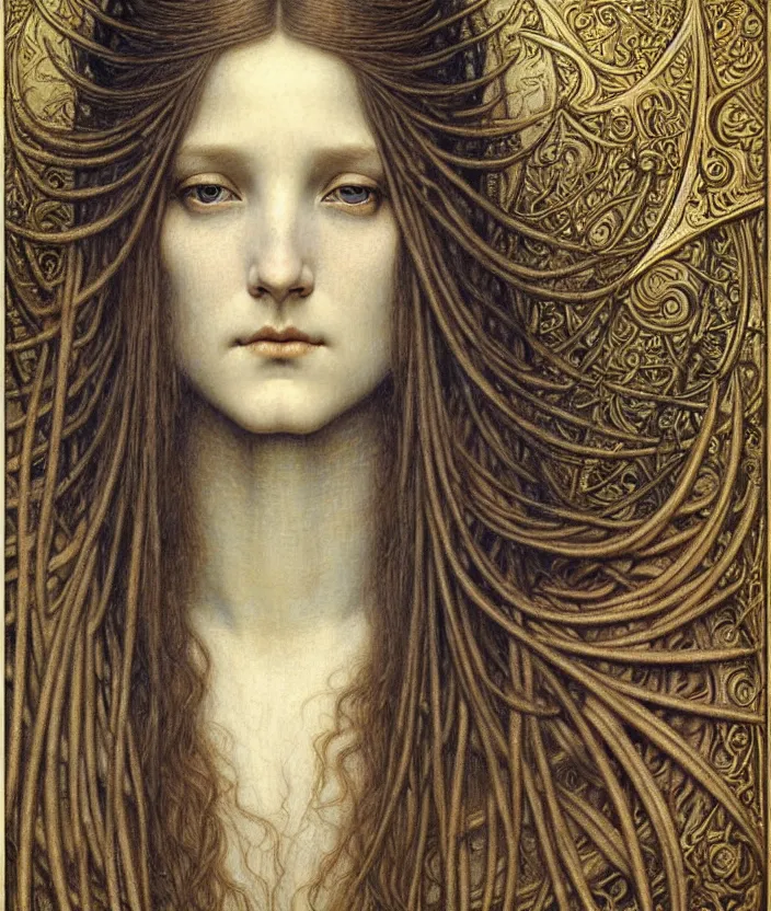 Image similar to detailed realistic beautiful young medieval queen face portrait by jean delville, gustave dore and marco mazzoni, art nouveau, symbolist, visionary, gothic, pre - raphaelite. horizontal symmetry