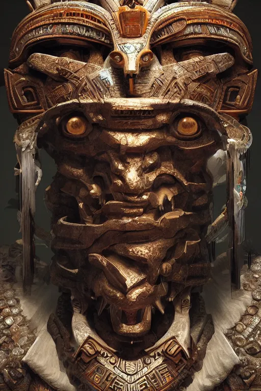 Image similar to aztec god, close - up portrait, powerfull, intricate, elegant, volumetric lighting, scenery, digital painting, highly detailed, artstation, sharp focus, illustration, concept art, ruan jia, steve mccurry