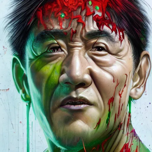 Prompt: a Demon Slayer portrait of Jackie Chan , tall, pale-skinned, and slender with lime green eyes and long eyelashes by Stanley Artgerm,Tom Bagshaw,arthur adams, Carne Griffiths, trending on Deviant Art,street art,face enhance,chillwave,maximalist,full of color, glittering