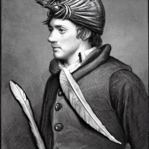 Image similar to a portrait of a Scottish laird, wearing a bonnet with a golden eagle feather.