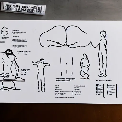 Image similar to ikea instruction sheet for human reproduction with two people, detailed diagrams, black ink on white paper