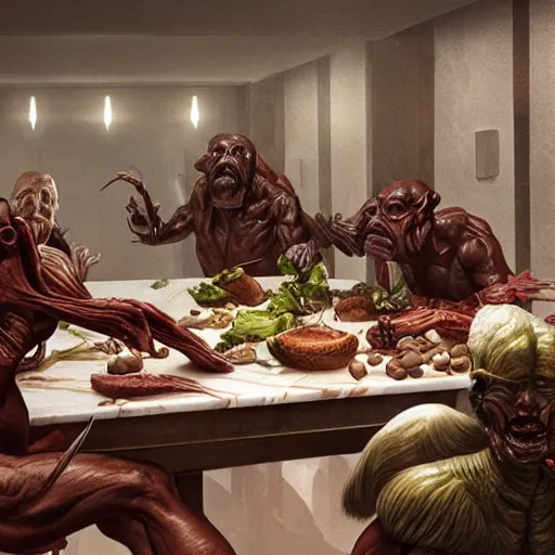 Prompt: hungry cannibals making a rich salad around a marble table, cinematic lighting, dramatic framing, highly detalied, 4k, artstation, by Wayne Barlowe and Rene Lalique