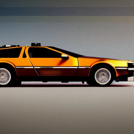 Image similar to delorean car in the 80's. Retrowave. synthwave. orange purple.