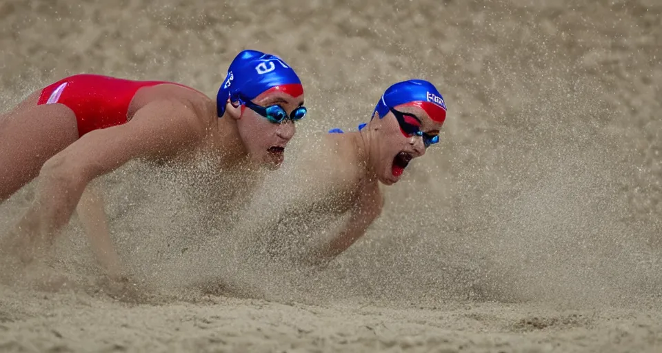 Image similar to olympic swimming in sand instead of water, extremely coherent, motion blur