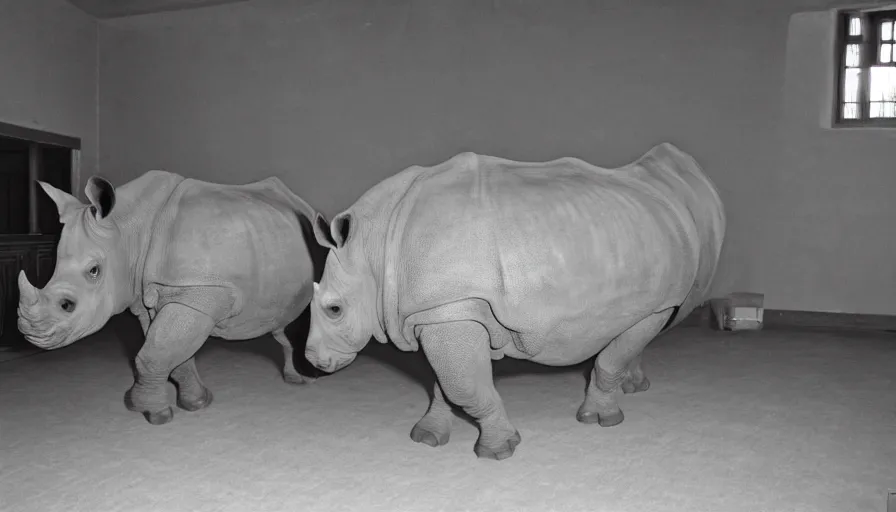 Image similar to a rhinoceros in a stalinist style room, by mini dv camera, very very low quality, heavy grain, very blurry, accidental flash, caught on trail cam