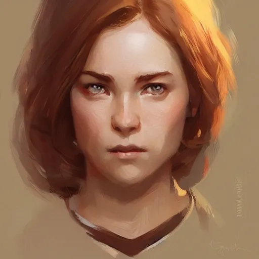 Prompt: portrait of a super friendly woman by greg rutkowski, he is about 2 9 years old, english, auburn slightly red shoulder length hair, brown eyes, cute chubby face, highly detailed portrait, digital painting, artstation, concept art, smooth, sharp foccus ilustration, artstation hq